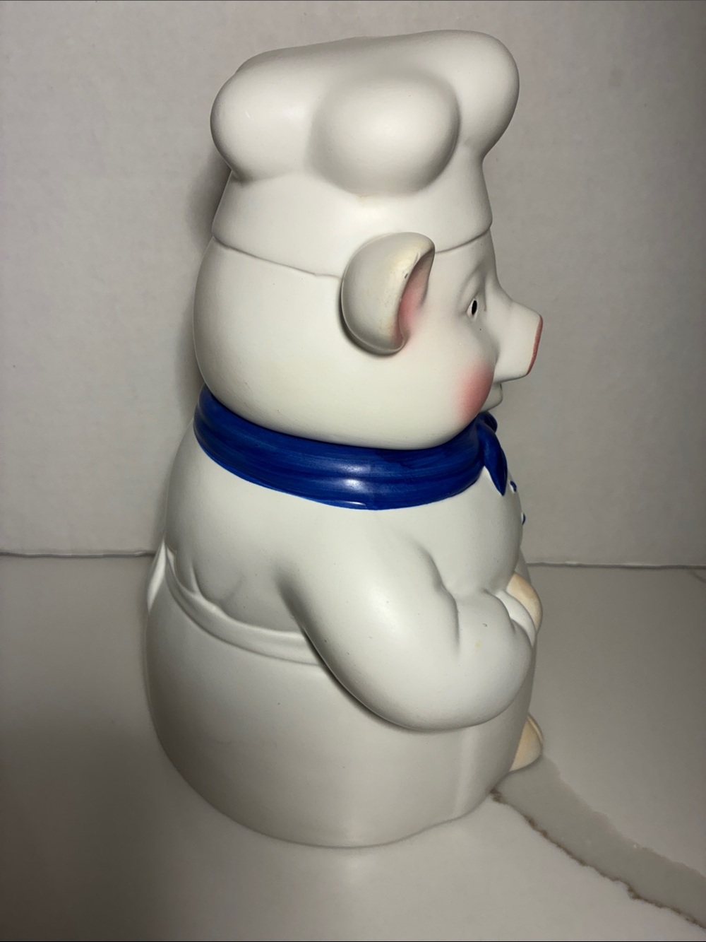Ckao White Ceramic Chef Pig Cookie Jar with Blue Scarf and Pink Accents - Picture 5 of 8